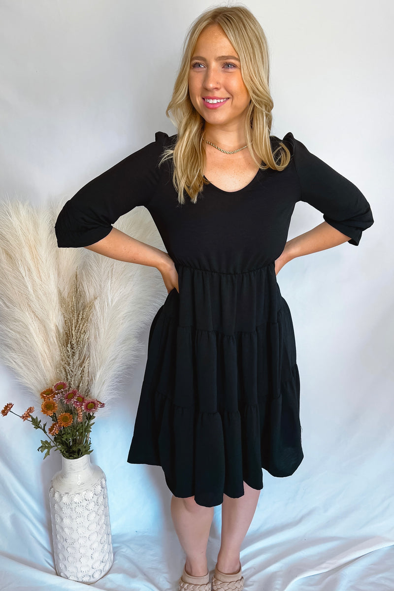 Fashionably Late Tiered Mini Dress - Black