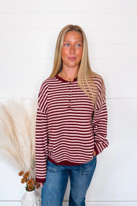 Astrid Lightweight Striped Henley Sweater - Burgundy/Pink