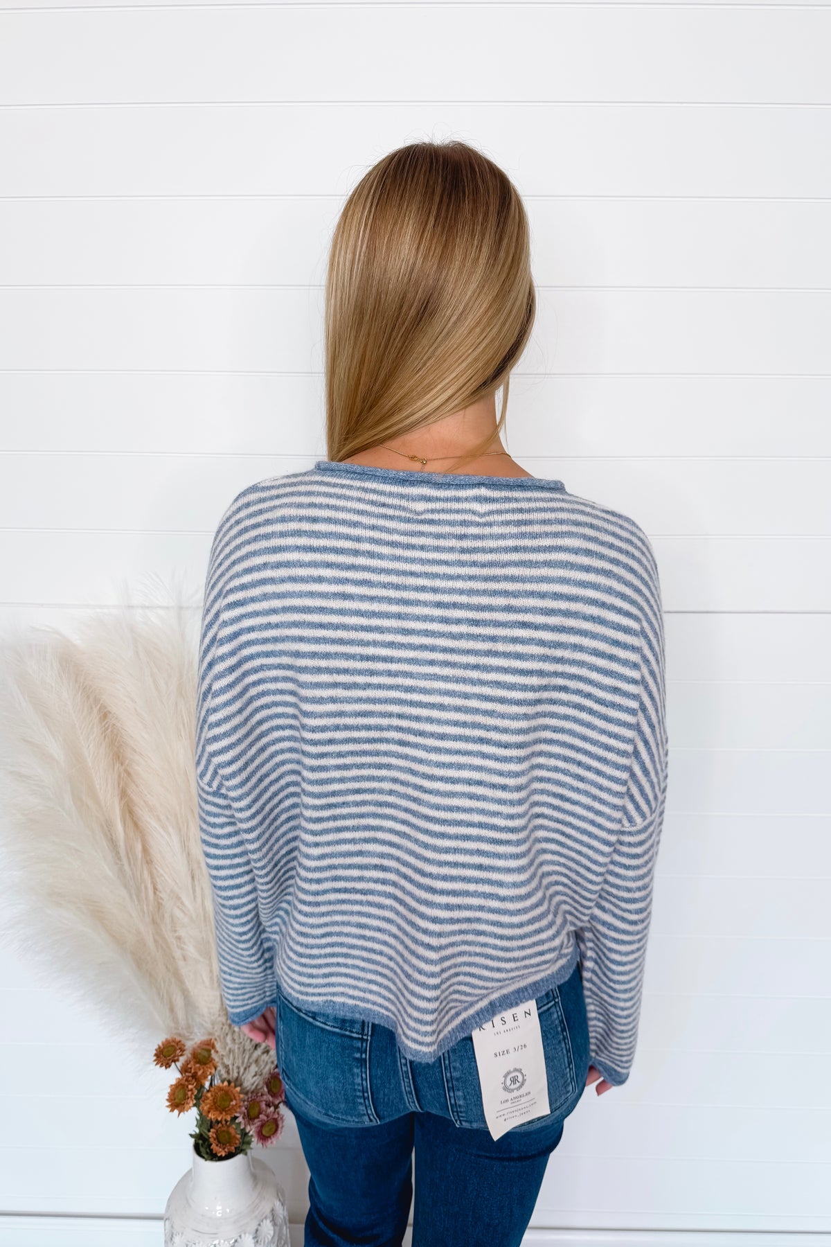 Gwen Lightweight Striped Button Sweater - Dusty Blue/Ivory