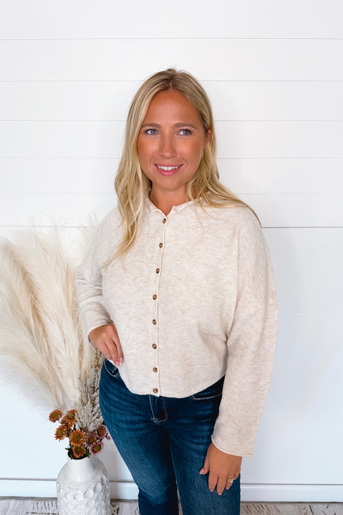 Sweet Breeze Lightweight Button Sweater - Oatmeal