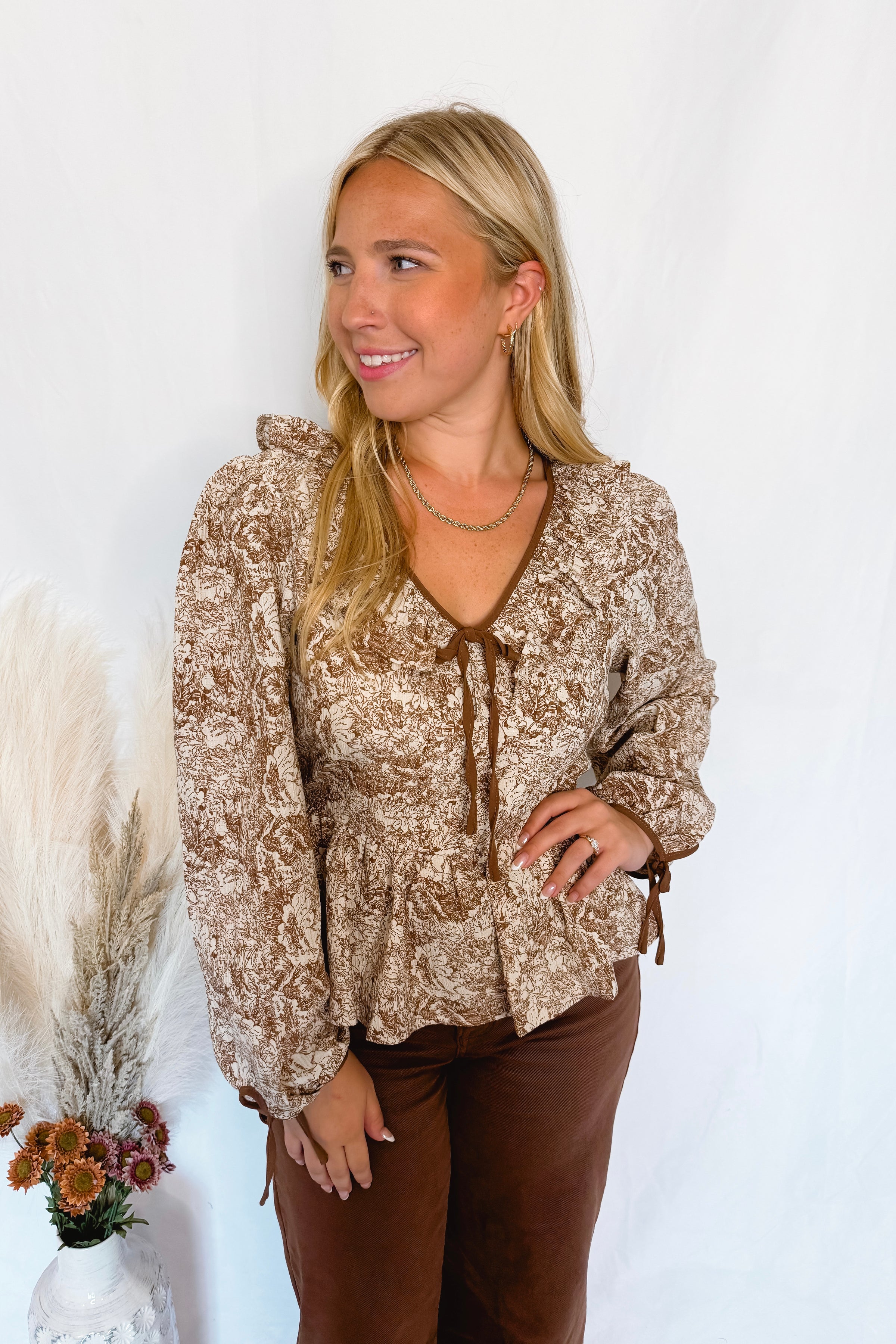 Count On Me Toile Babydoll Blouse - Brown/Ivory