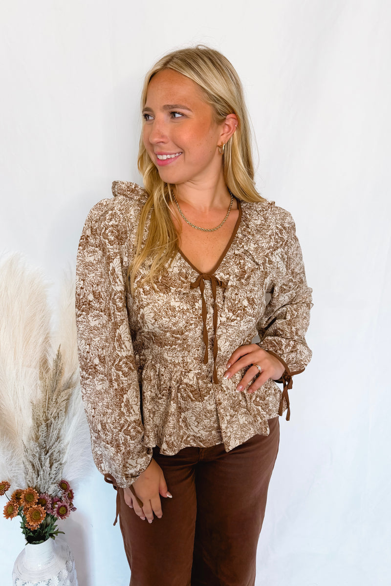 Count On Me Toile Babydoll Blouse - Brown/Ivory
