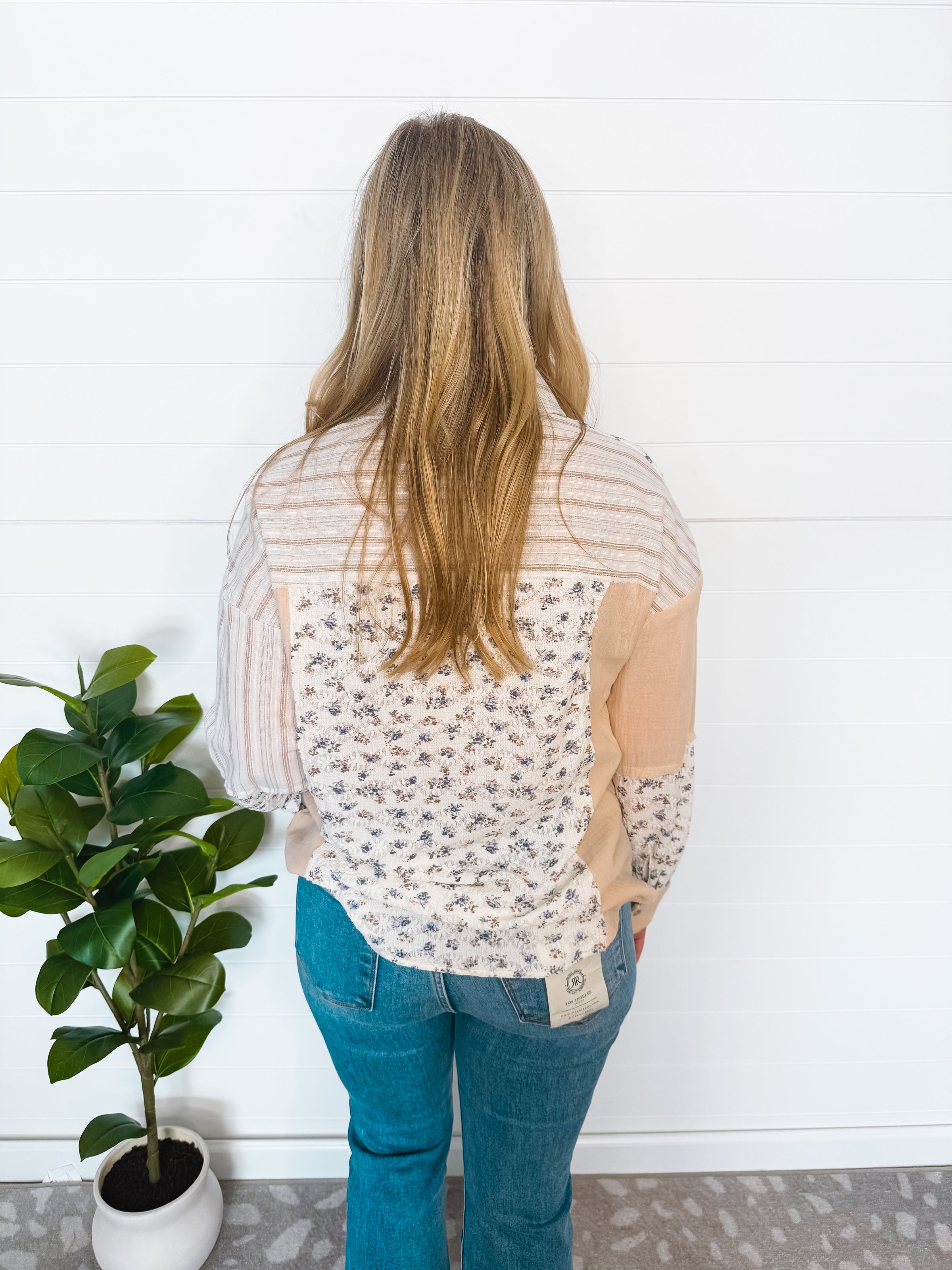 Breezy Touch Mixed Button Down Top - Taupe/Mix