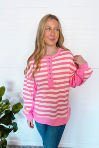Stylish Staple Striped Henley Top - Pink