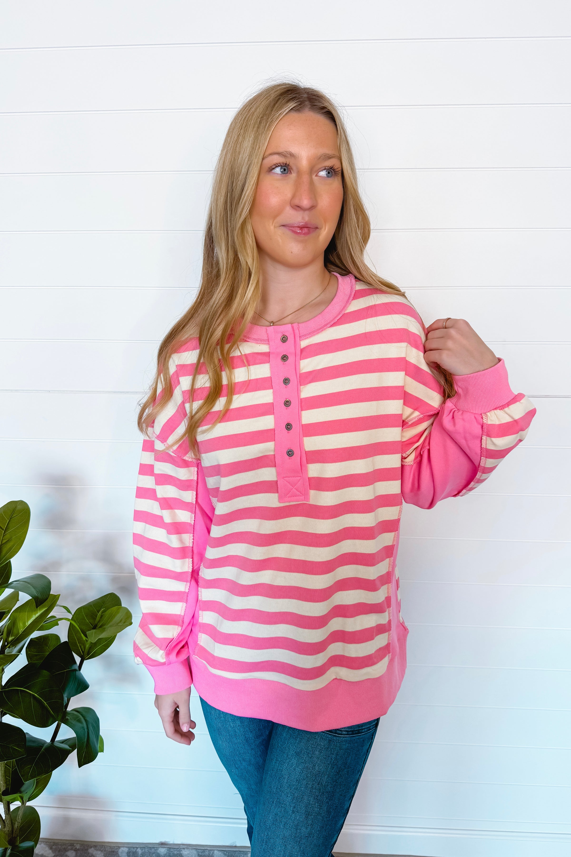 Stylish Staple Striped Henley Top - Pink