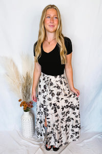 Life's A Breeze Floral Boho Midi Skirt - Ivory/Black