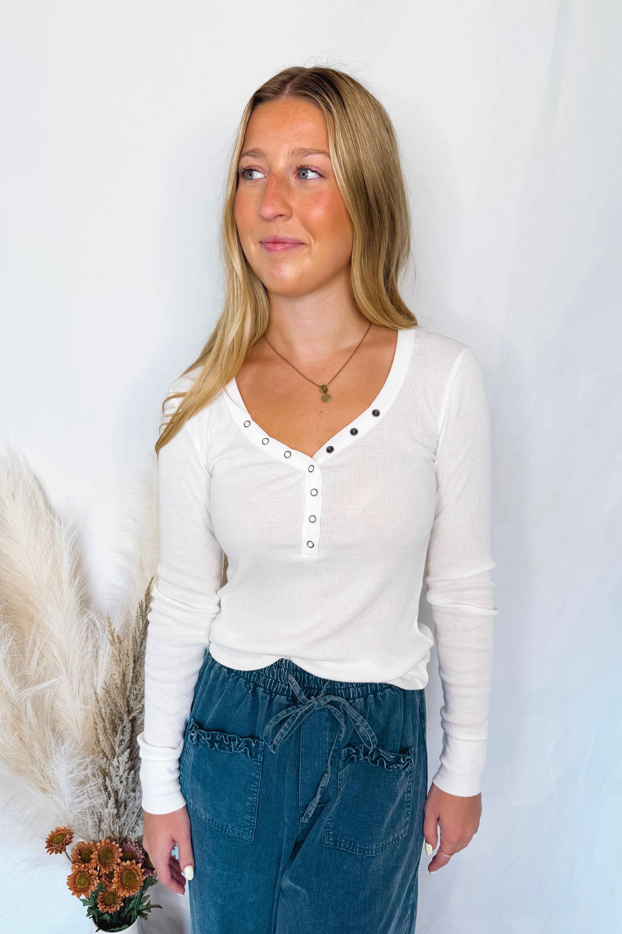 Shelly Long Sleeve Henley Top - White