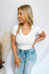 Lucy Ribbed V-Neck Tee Bodysuit - White