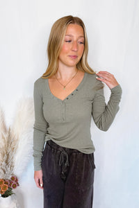 Shelly Long Sleeve Henley Top - Olive