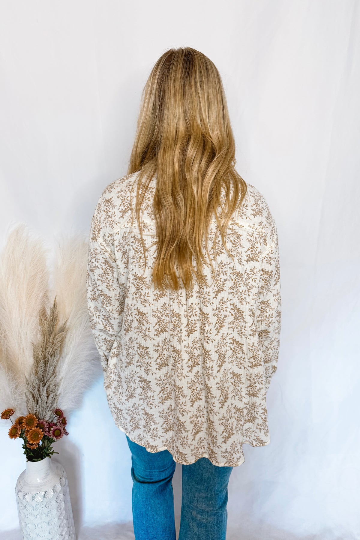 Meadow Breeze Gauze Floral Button Down - Ivory/Mocha