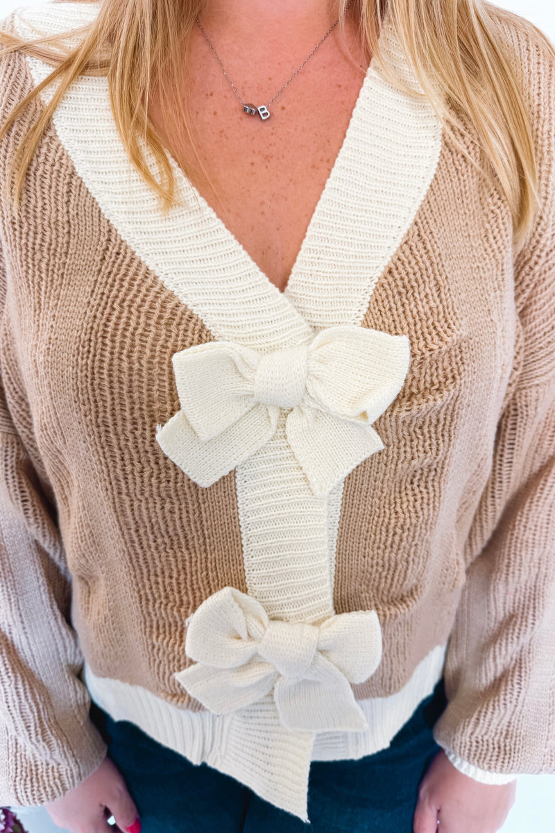 Take a Break Bow Detail Cardigan - Taupe