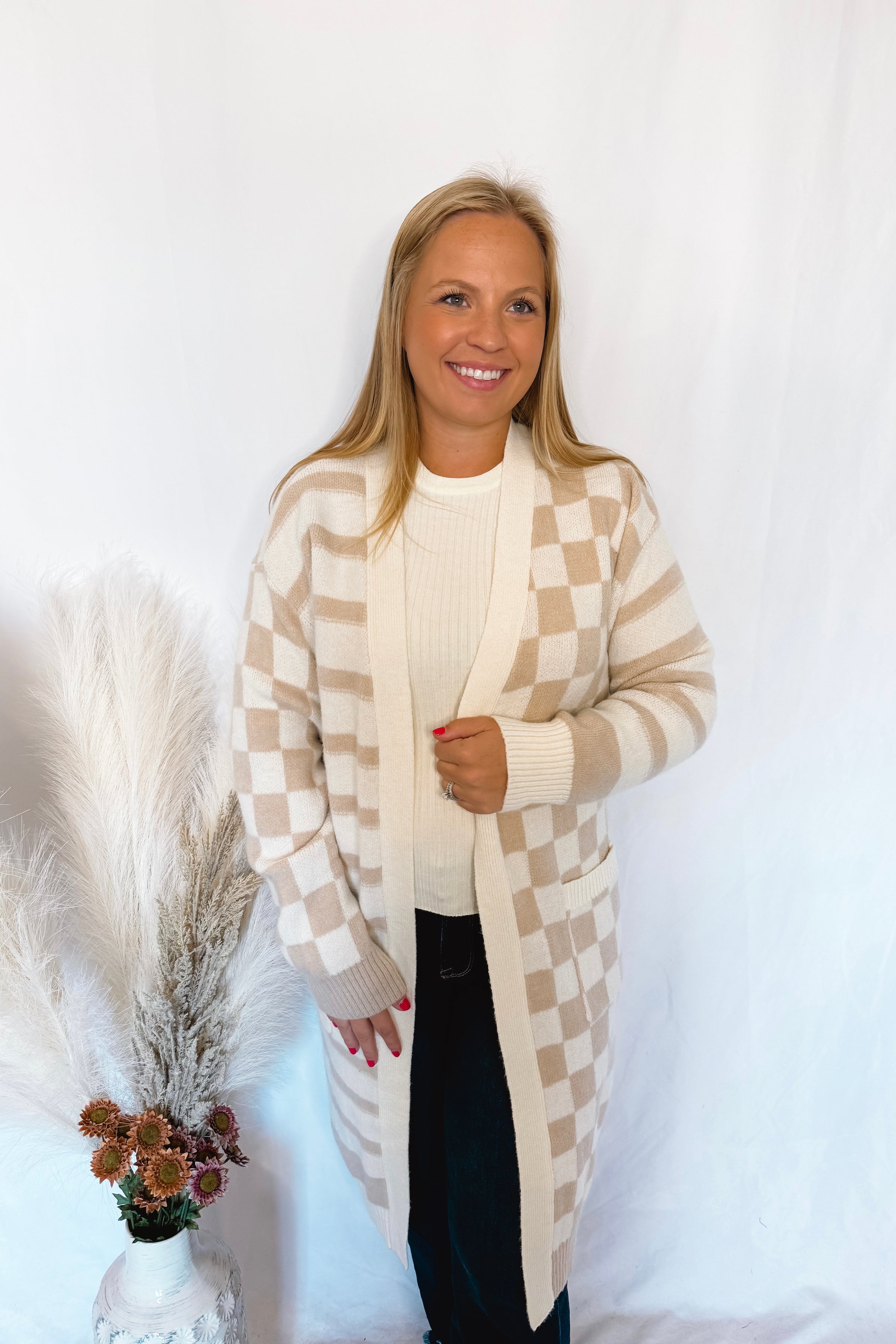 Keep It In Check Open Cardigan - Tan/Ivory