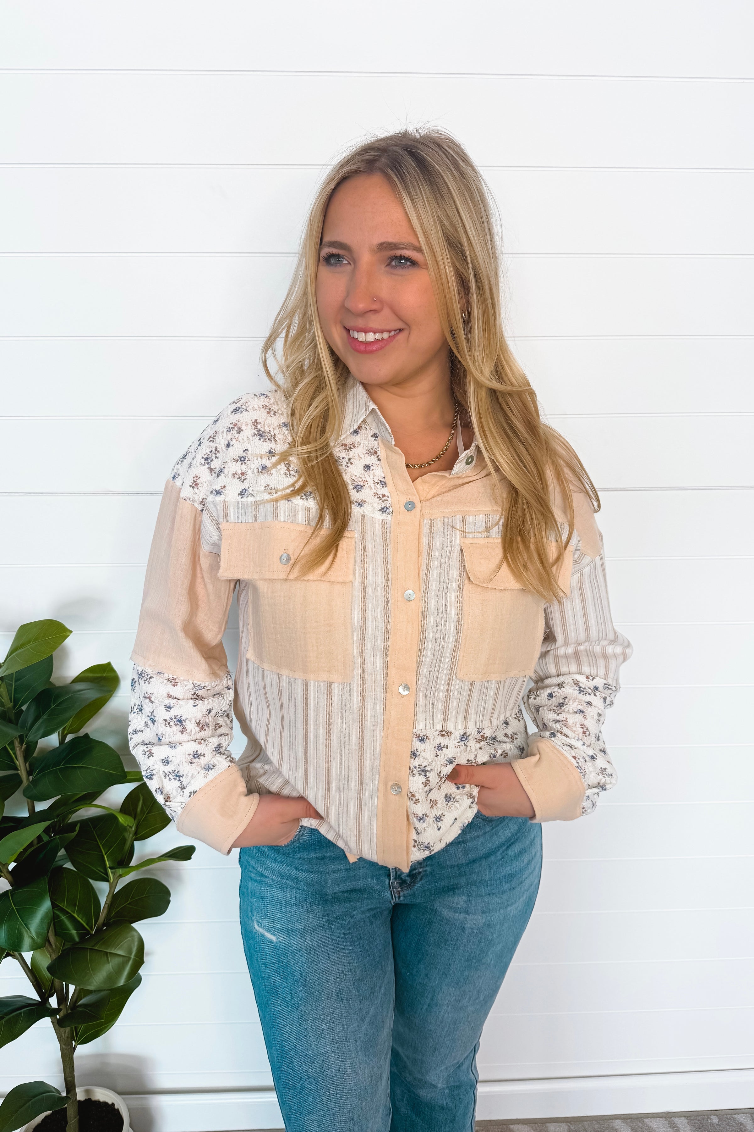 Breezy Touch Mixed Button Down Top - Taupe/Mix