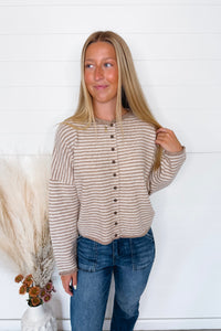 Gwen Lightweight Striped Button Sweater - Tan/Ivory