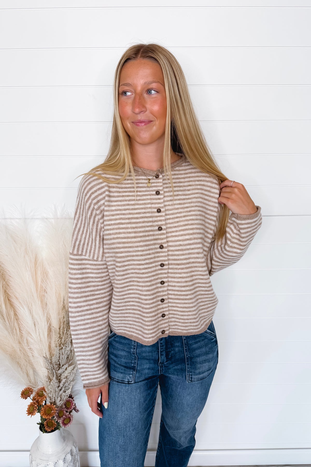 Gwen Lightweight Striped Button Sweater - Tan/Ivory
