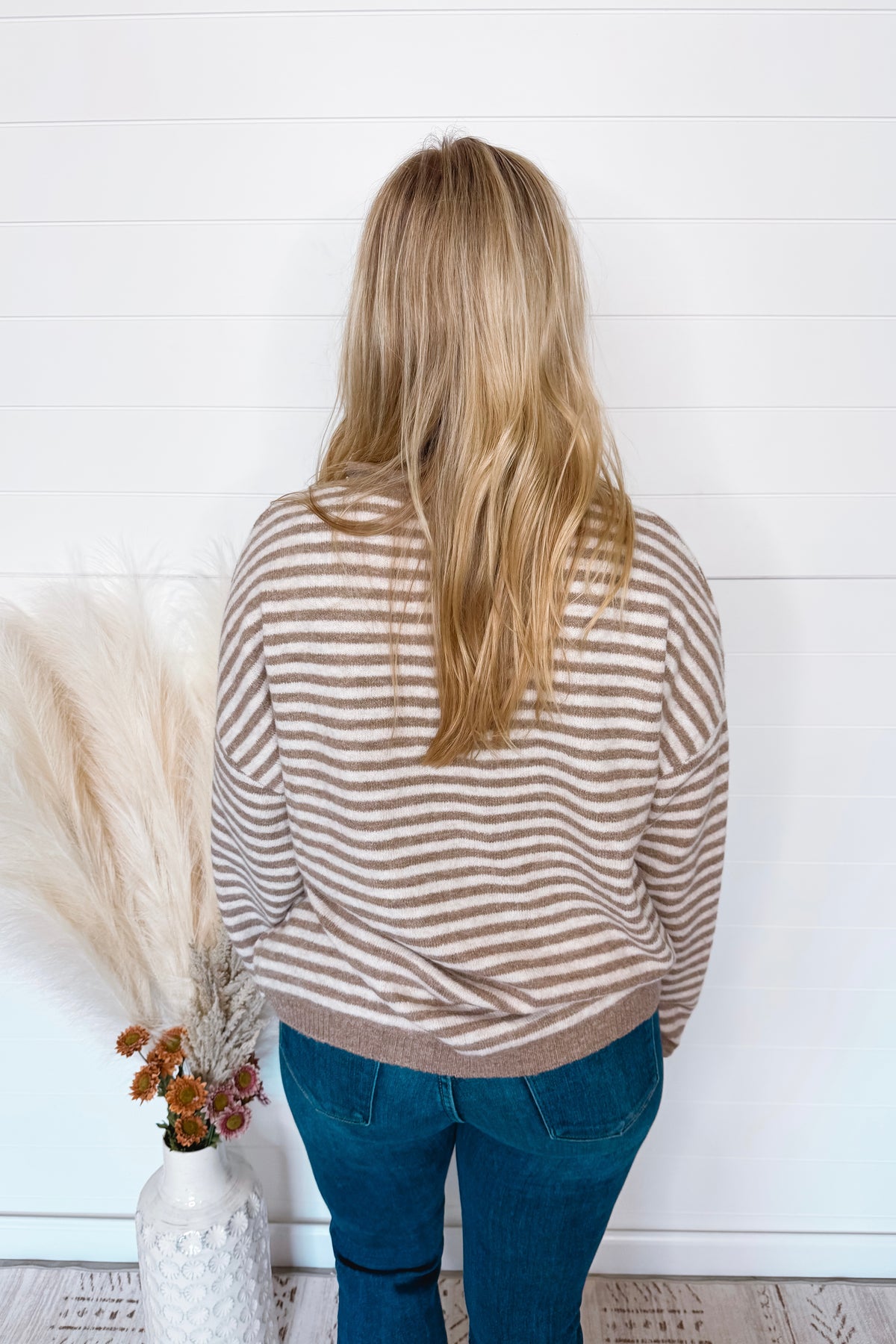 Astrid Lightweight Striped Henley Sweater - Tan/Ivory