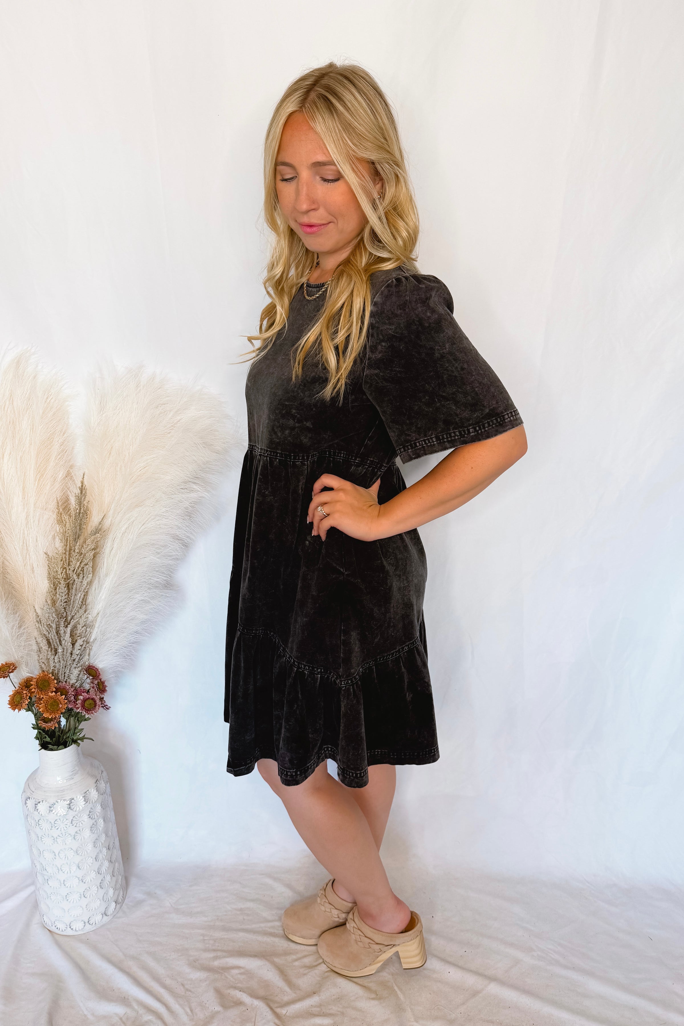 Free Falling Mineral Washed Denim Mini Dress - Black