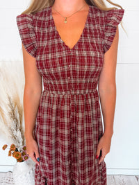 In the Meadow Smocked Plaid Midi Dress - Burgundy