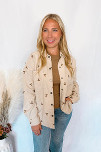Pumpkin Patch Bow Corduroy Shacket - Ecru