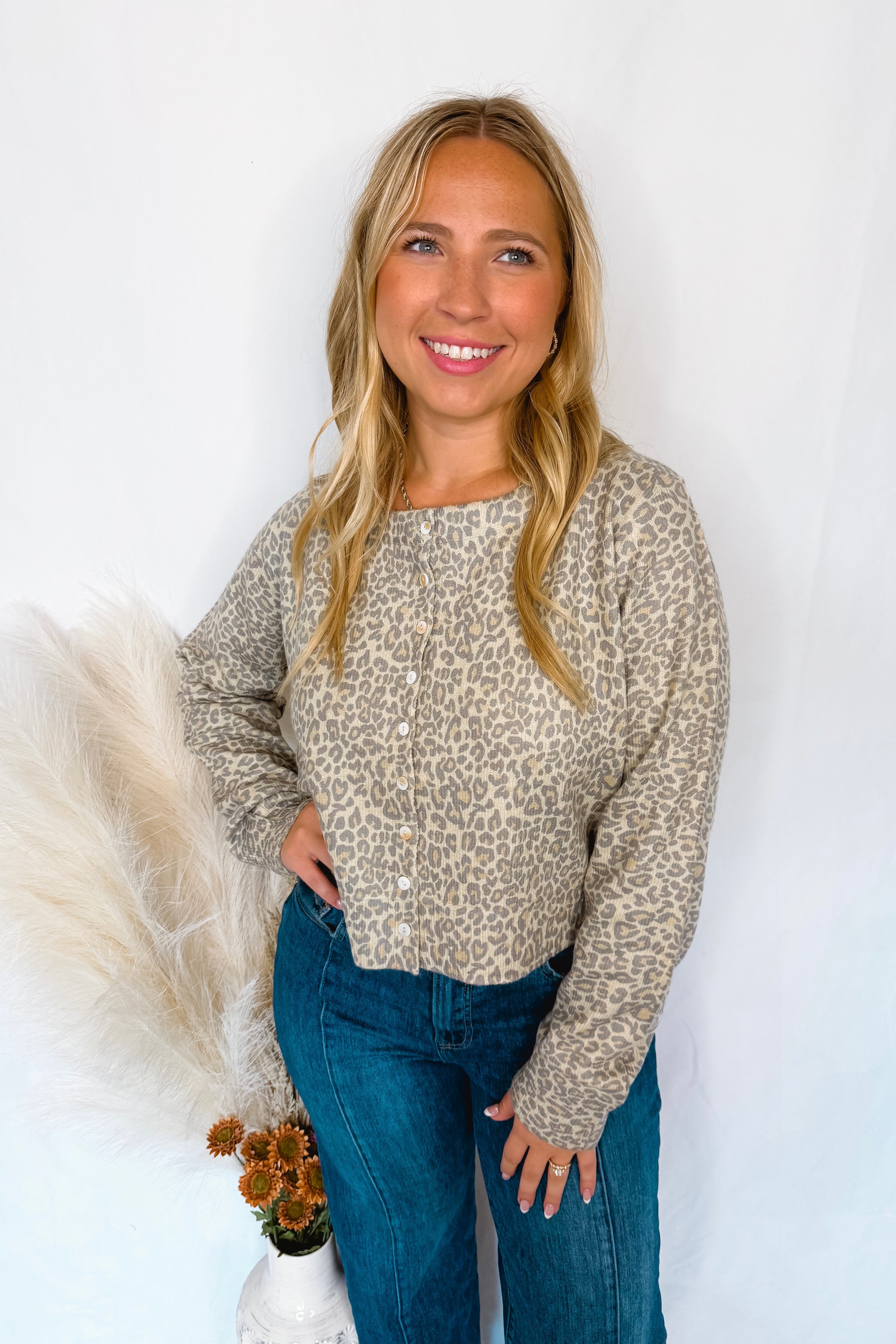 Wild Side Leopard Knit Button Sweater - Oatmeal