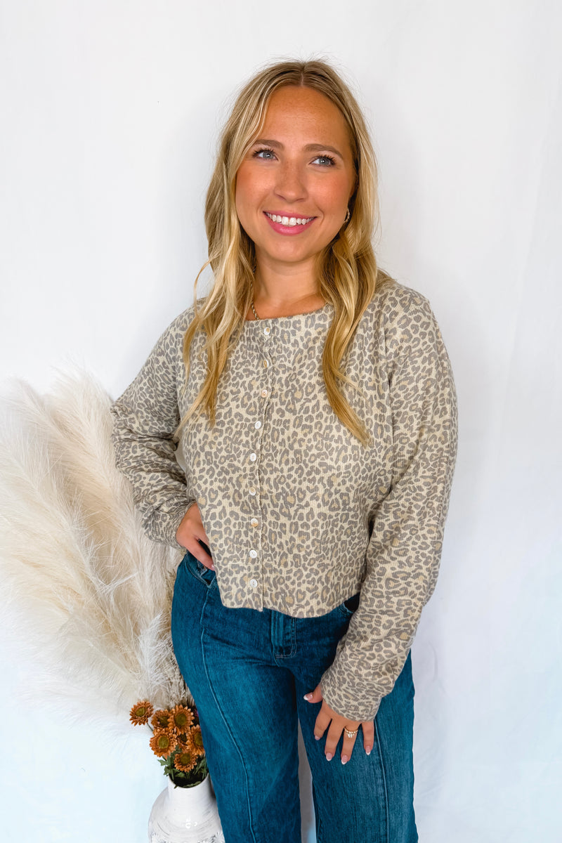 Wild Side Leopard Knit Button Sweater - Oatmeal