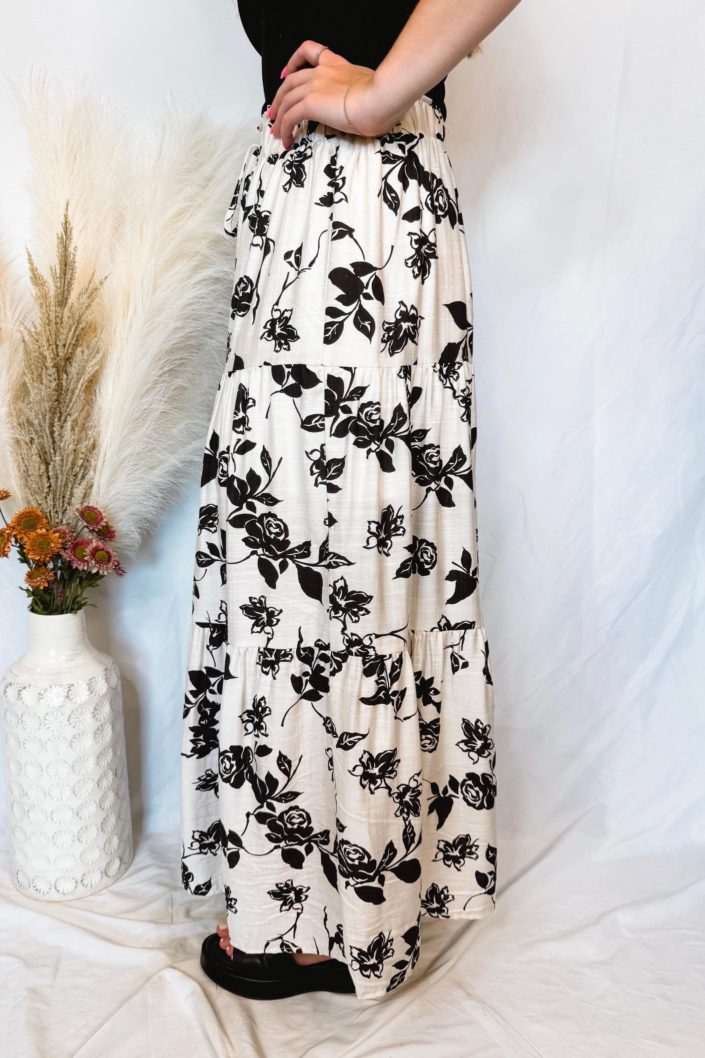 Life's A Breeze Floral Boho Midi Skirt - Ivory/Black