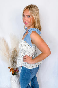 Romantic Getaway Floral Tie Shoulder Tank - Ivory/Blue