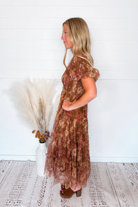 Phoebe Puff Sleeve Tulle Midi Dress - Light Brown Multi