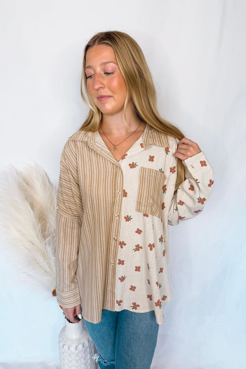 Take Your Pick Contrast Button Down Top - Taupe