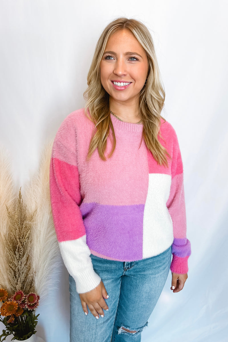 Sending Kisses Color Block Fuzzy Sweater - Pink Combo