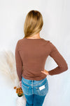 Courtney Notched V-Neck Long Sleeve Top - Brown