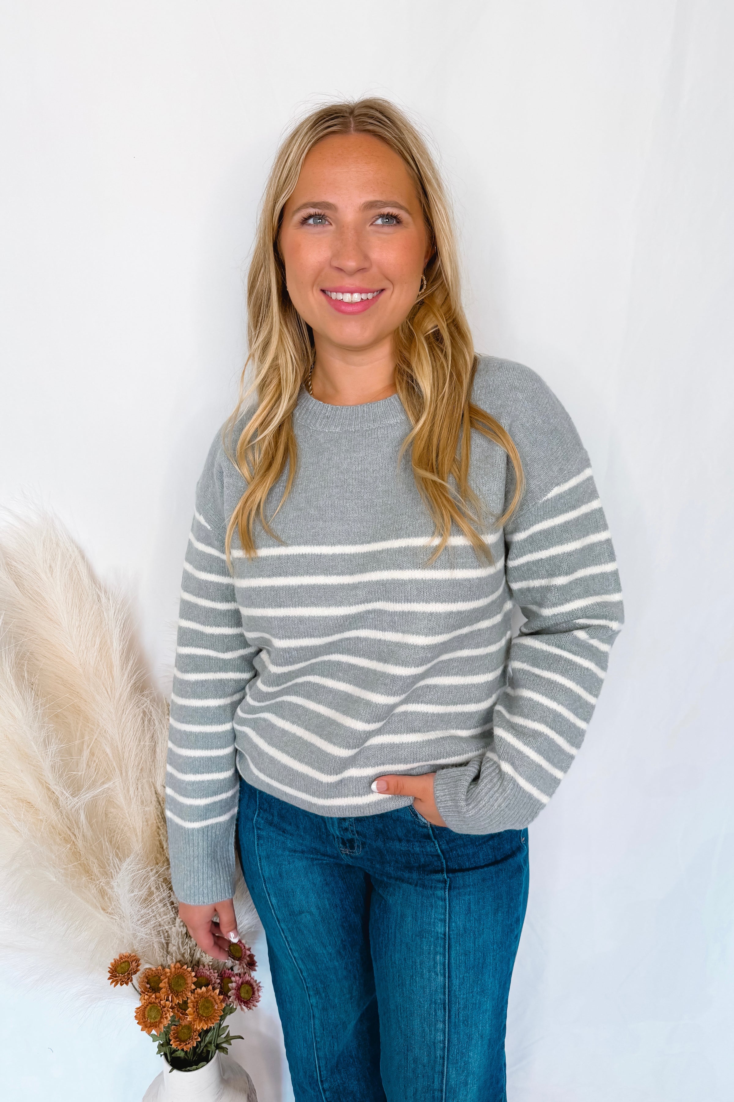 High Energy Striped Crew Neck Sweater - Dusty Blue