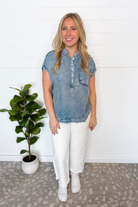 Sunny Love Chambray Henley Top - Light