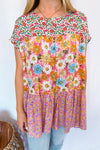 Sunny Gardens Floral Tiered Top - Pink/Blue Multi