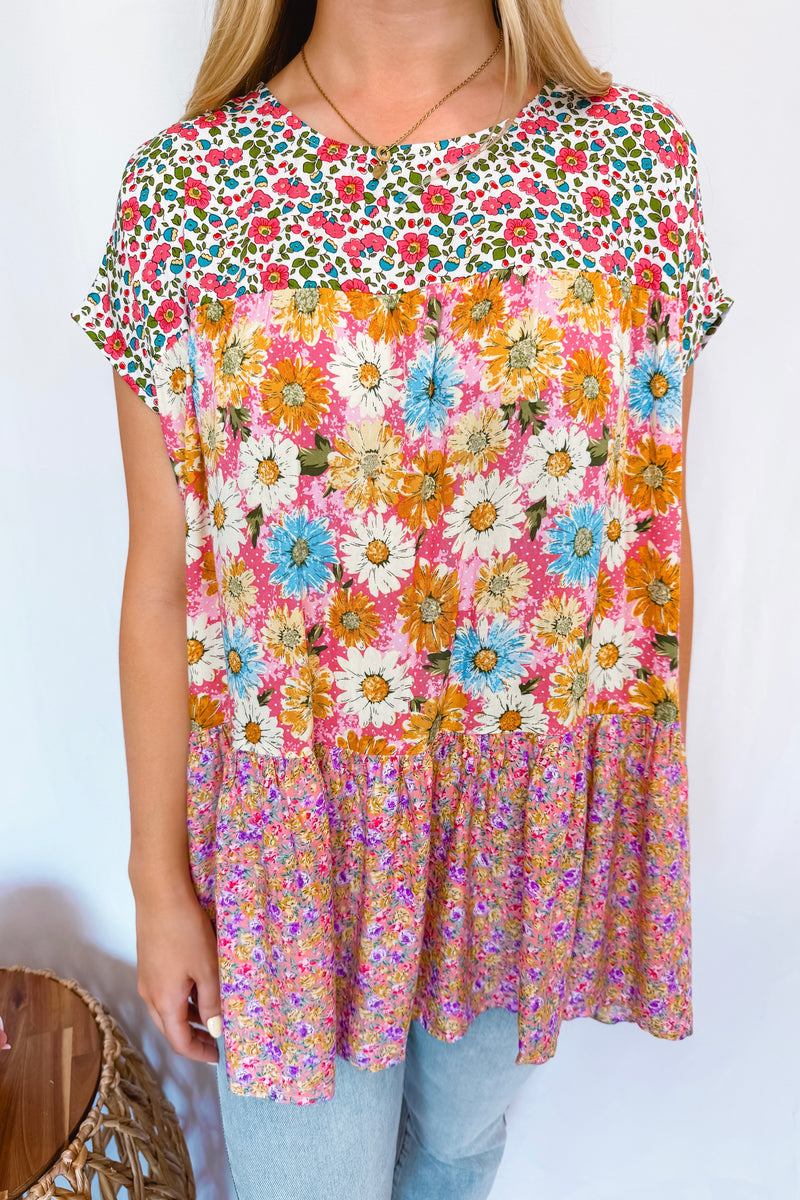 Sunny Gardens Floral Tiered Top - Pink/Blue Multi