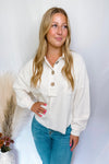 Casual Comfort Raw Edge Knit Henley Top - Ivory