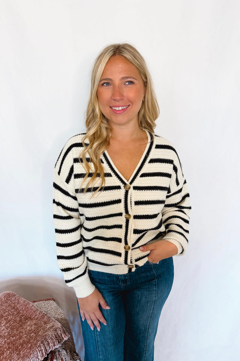 Cool Stroll Striped Button Cardigan - Ivory/Black