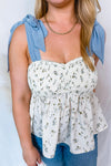 Romantic Getaway Floral Tie Shoulder Tank - Ivory/Blue