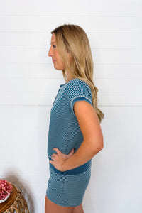 Casual Charm Striped Henley Top - Denim Blue