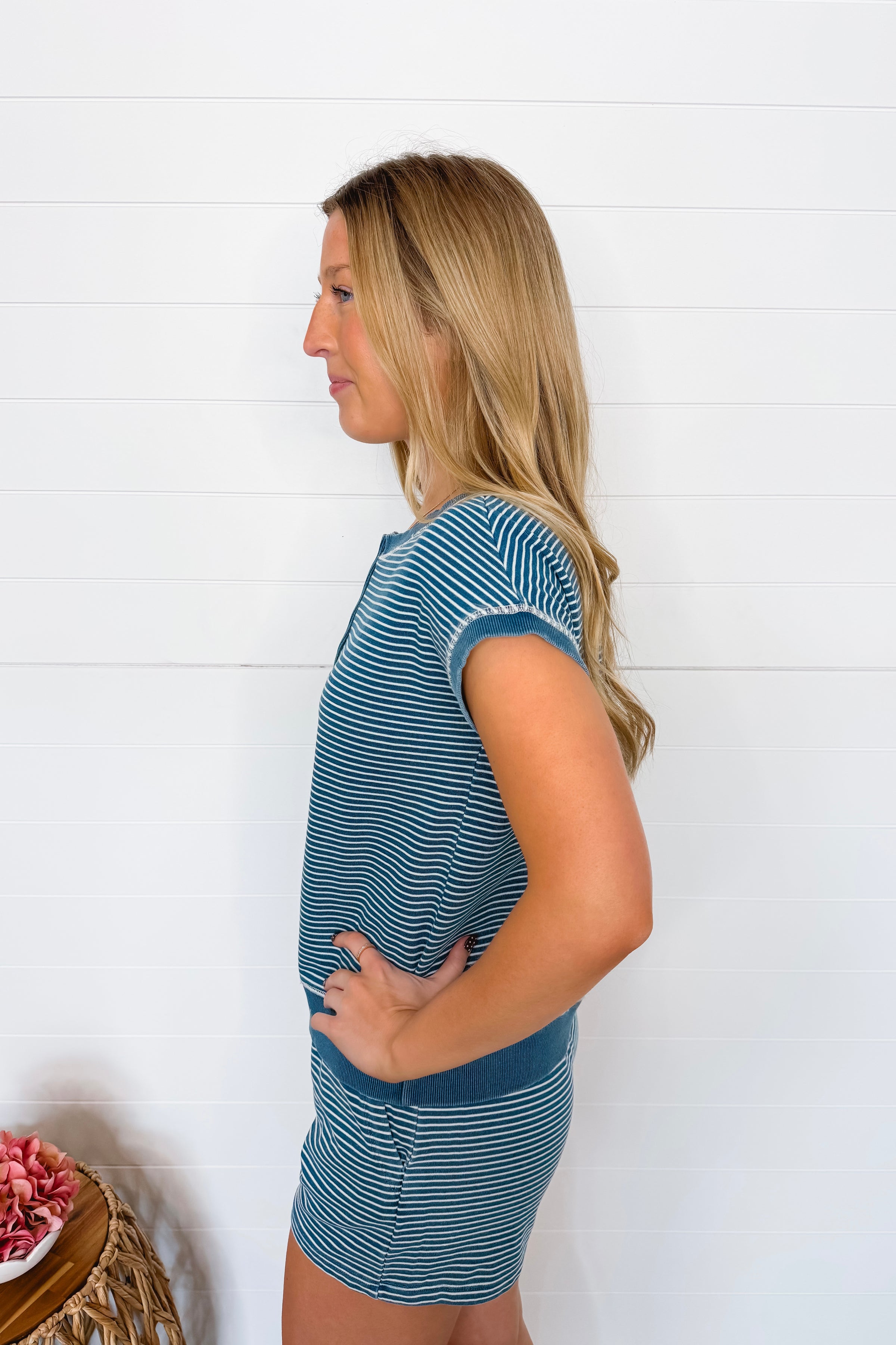 Casual Charm Striped Henley Top - Denim Blue
