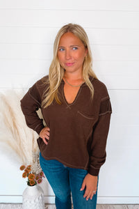 Simple Moments Raw Edge Ribbed Top - Brown