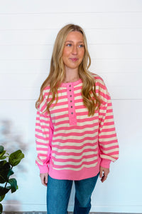 Stylish Staple Striped Henley Top - Pink