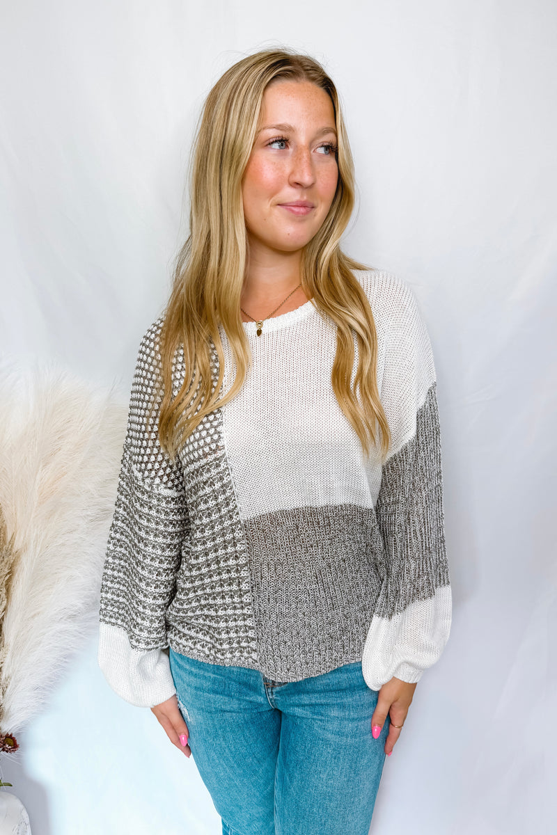 Autumn Day Color Block Knit Sweater - Grey/Ivory