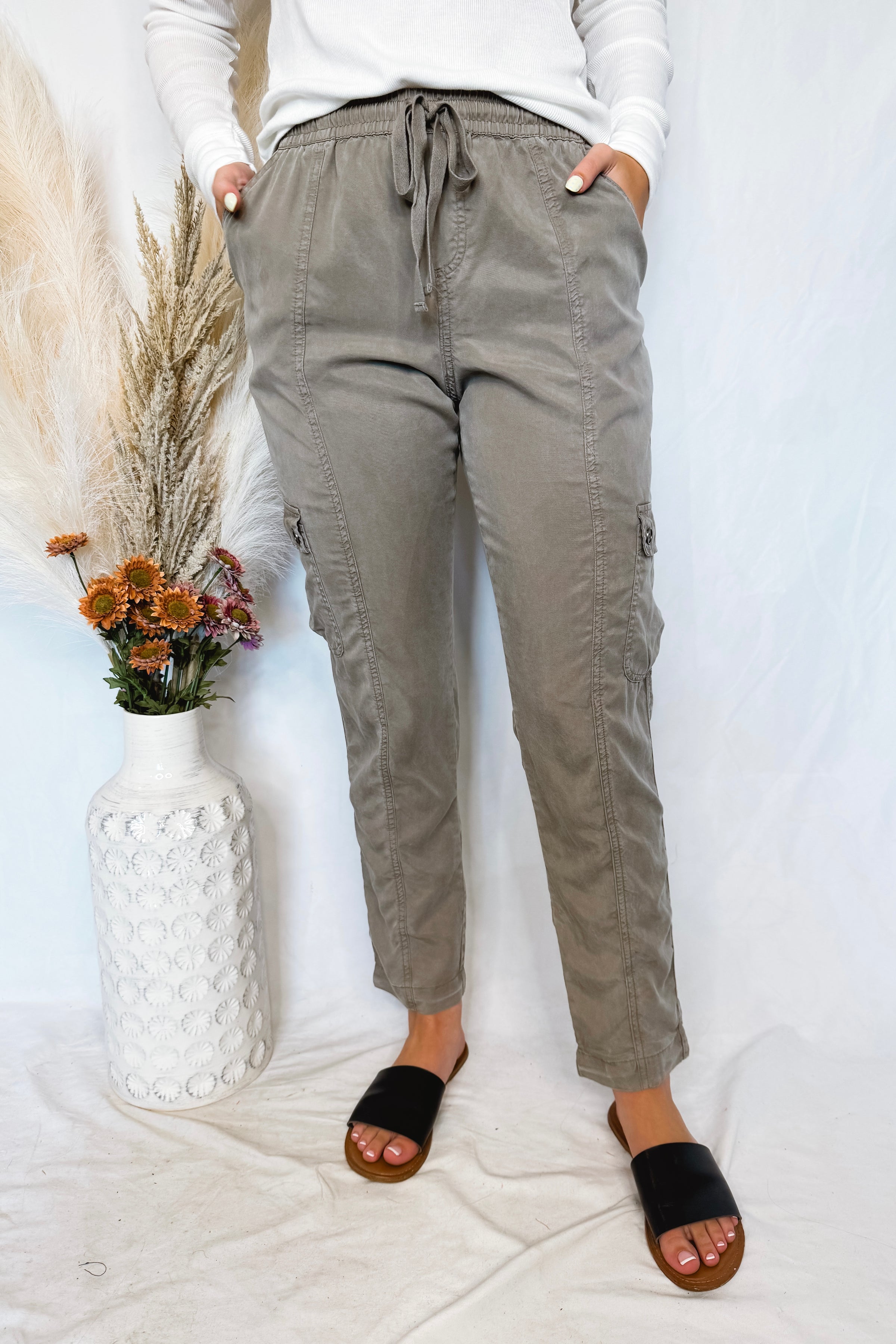 Elise Tencel Drawstring Cargo Pants - Khaki