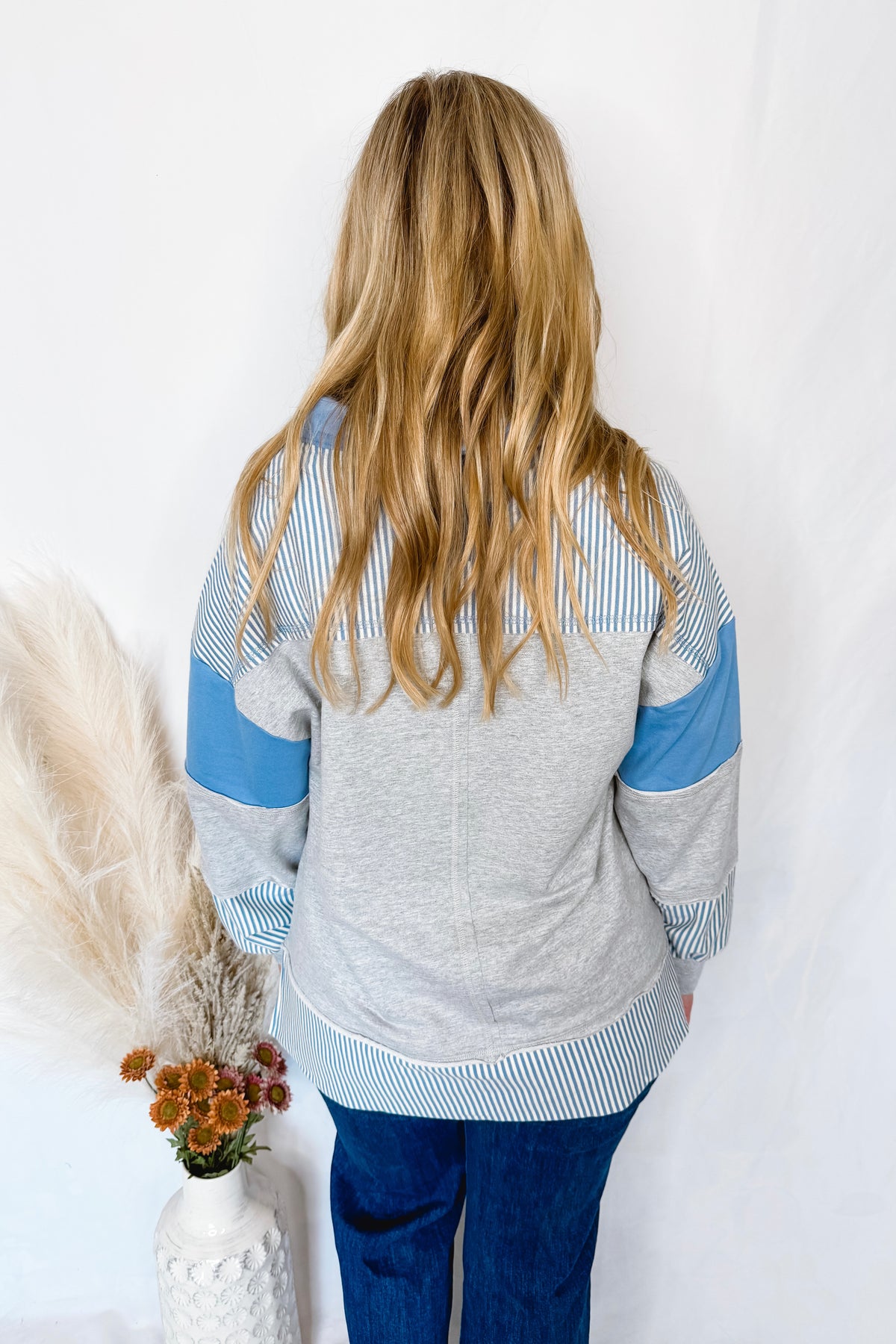 Autumn Breezes Oversized Henley Top - Grey/Blue