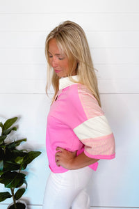 Bold Statement Mixed Henley Top - Pink