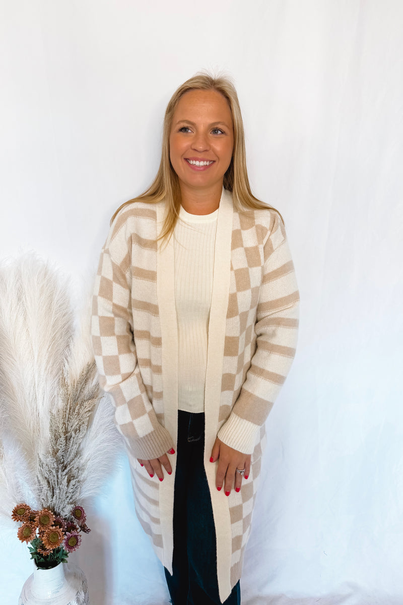 Keep It In Check Open Cardigan - Tan/Ivory