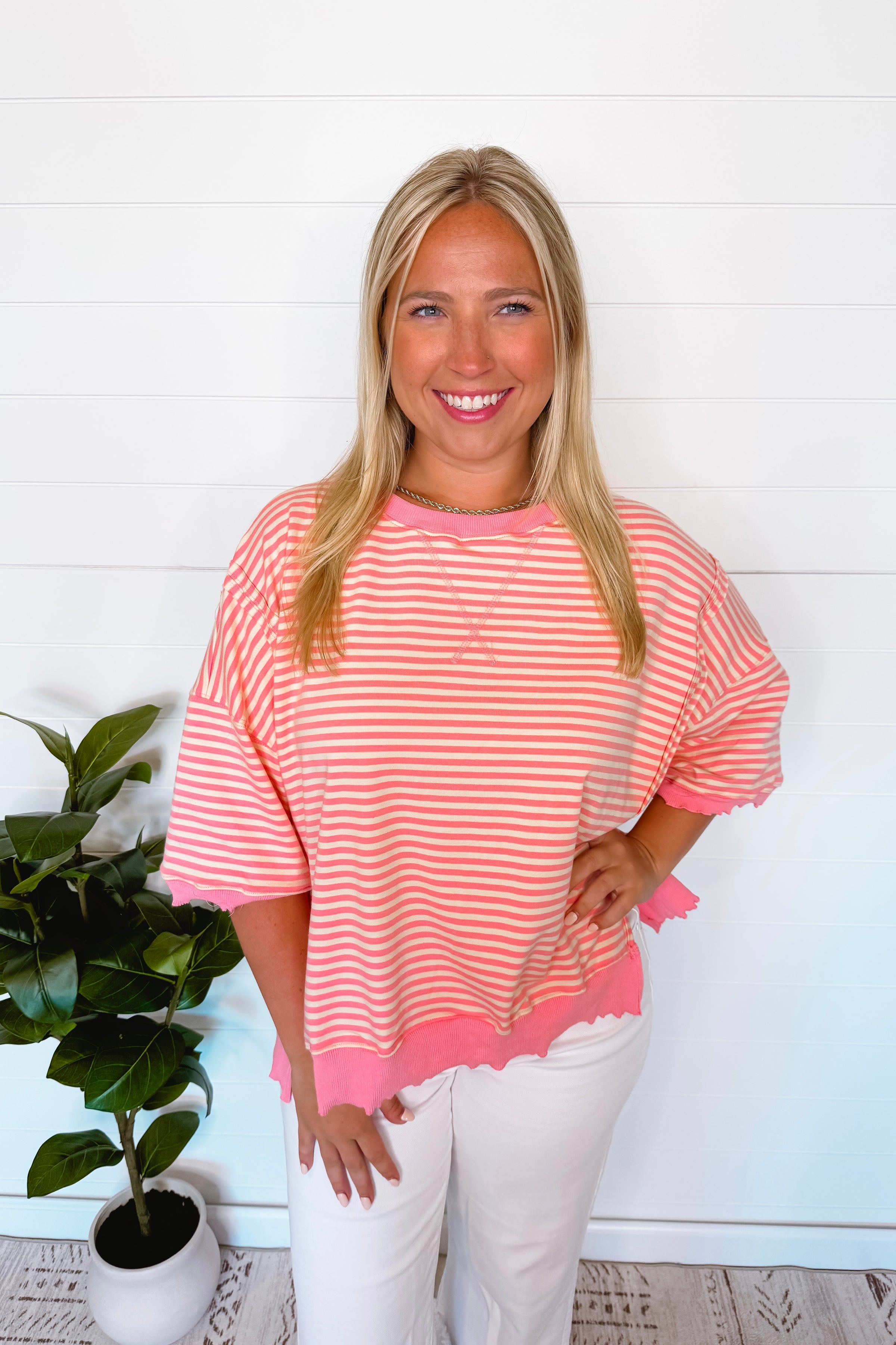 Pink Delight Candy Stripe Lettuce Edge Top - Pink