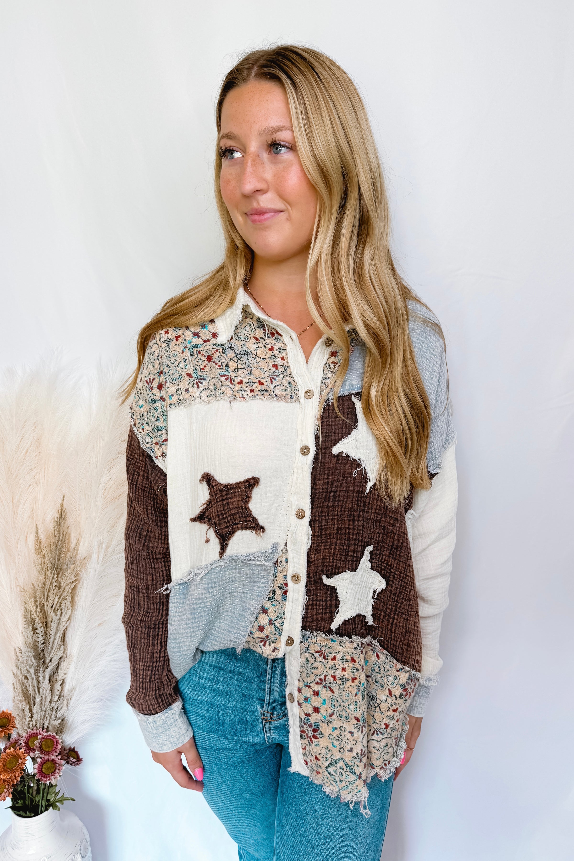 Shoot For The Stars Oversized Button Down Top - Ivory Multi