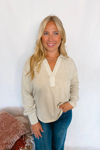 All My Days Mineral Washed Split Neck Top - Oatmeal